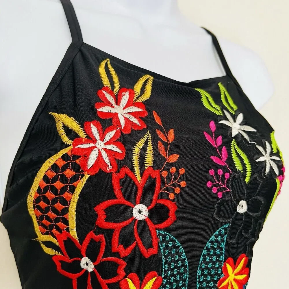 Yang Zi Gang Black Fiesta Mexican Embroidered One Piece Swimsuit Large High - Picture 3 of 9